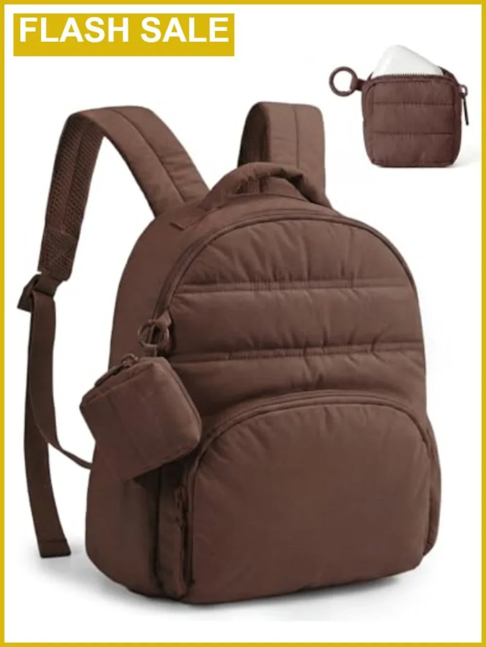 Mini Puffer Backpack with Detachable Pouch, Water Resistant, Padded Straps